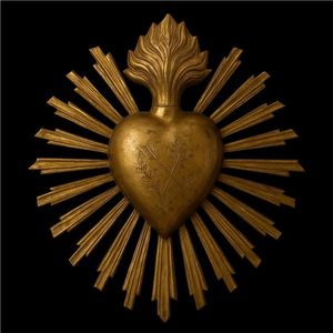 Ex Voto de Metal Hecho a Mano, Sagrado Corazón, Decoración de Pared, Acabado en Oro Antiguo, Corazón Flameante, Arte Devocional Católico, Venta al por Mayor, Decoración del Hogar - Product Image 4