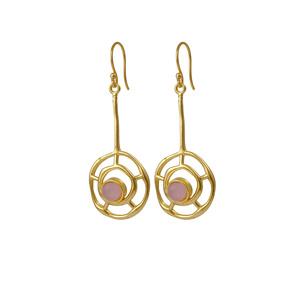 Boucles d'oreilles pendantes géométriques faites à la main avec cadre ouvert, en quartz rose plaqué or, style bohème chic, bijoux en laiton R - Product Image 3