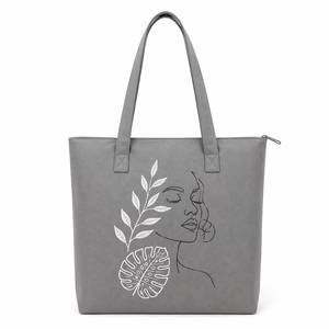 300gsm Grey <b>Canvas</b> <b>Tote</b> Bag Zipper Closure 15x13x4 Custom Logo Eco Friendly Reusable Heavy Duty Travel Leaf Print - Product Image 1
