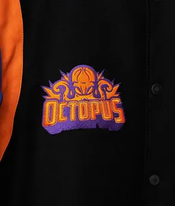 Veste Varsity élégante avec col en tricot côtelé avec fermeture à onglet deux poches à la taille manches en cuir deux couleurs-tissu en toile - Product Image 2