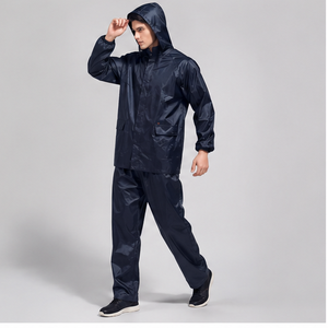 Men's Navy <b>Waterproof</b> Full Sleeve Polyester Rain Suit Hooded Jacket Pants Set <b>All</b> Seasons Wear Seamless Fusing Custom Logo Front - Product Image 3