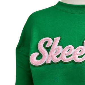 Women's Green Crew Neck <b>Sweatshirt</b> with <b>Pink</b> SheeWee Embroidery Long Sleeve Pullover Casual Cozy Fleece Fashion Streetwear - Product Image 5