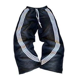 Pantalones Deportivos Personalizados para Hombre, de Cintura Alta, Estilo Baggy, con Franja Lateral Curva Bordada, Lavado Ácido con Efecto Desgastado, Pierna Ancha, Casuales - Product Image 2