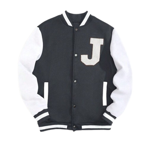 Blouson universitaire de baseball noir et blanc unisexe en polaire épais coupe-vent avec patch lettres sur le devant et boutons-pression style streetwear - Product Image 3