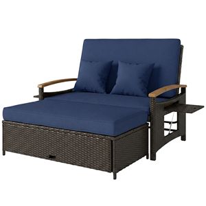 Lettino da Esterno Regolabile in Rattan con Schienale a 4 Livelli, Divano Letto da Patio Blu Navy con Pouf Contenitore e Braccioli in Legno di Acacia - Product Image 1