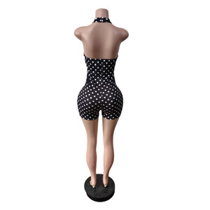 Women Dot Halter Neck <b>Jumpsuit</b> High Waist Skinny Fit Above Knee Sexy Club <b>Bodycon</b> Short Spandex Polyester - Product Image 6