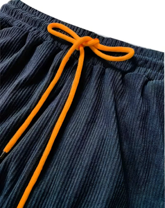 Men's Navy Blue Corduroy Bermuda Shorts With Orange And Green Side Stripe Drawstring Waist Casual Athletic Style - Product Image 3