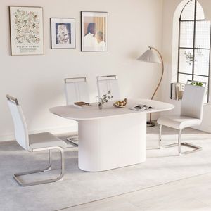 63\" Medieval Modern Cream Style MDF Dining Table PU Armless <b>Chair</b> Set 4-piece <b>Silver</b> Plated Metal Leg Assembly Dining Room - Product Image 4