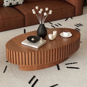 Tavolino da Caffè Ovale in Legno Artigianale con Robusto Piedistallo a Forma di Oliva per Soggiorno - Product Image 1