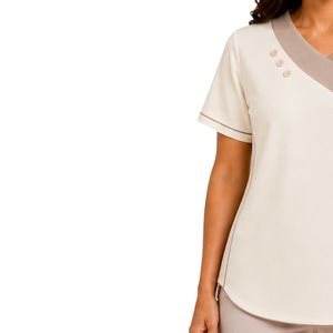 T-shirt asymétrique à col en V pour femme, manches courtes, broderie florale, col contrastant, décontracté, vêtements personnalisés en gros - Product Image 3