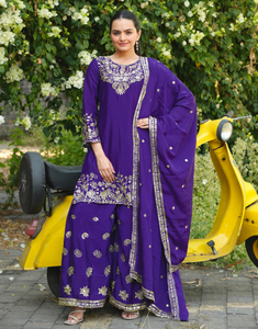 Beautiful Chinon Silk <b>Sequin</b> Frock Style Kurti <b>Flared</b> Plazo Long Stole Combo Three Piece Traditional Indian Outfit - Product Image 1