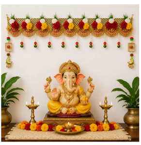 Traditional Indian Door Toran with Red Yellow Flowers and Tassels for Diwali Entryway Decor - Product Image 3