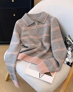 Women's Half Zip Striped Knit Sweater V-neck Loose Pullover Long Sleeve Front Logo for Autumn Winter Casual Wear - Product Image 1