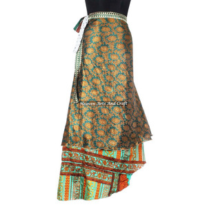 Achetez une jupe longue en soie pour femme, style sari, traditionnelle, à 2 couches, à enrouler, style hippie, longue jupe en soie, couvre-vêtement, vintage, magique, 38 pouces - Product Image 2