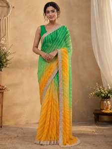 Sari de Chifón Estampado Digital Verde y Amarillo con Borde de Cuentas para Mujer, Traje Tradicional de Boda, Devi Fashions, Bengala Occidental - Product Image 1