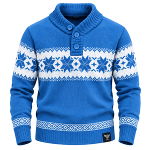 <b>Mens</b> Blue Fair Isle 100% Cotton Sweater Shawl Front Breathable <b>Long</b> <b>Sleeve</b> Geometric Pattern Knitted Pullover Winter Wholesale - Product Image 1