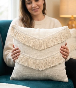 Funda de Cojín Abstracta con Diseño Geométrico Indio, Blanca, con Volantes, Estilo Bohemio, Antiácaros, de Algodón, con Cierre de Cremallera, para Sofá, Dormitorio, Decoración del Hogar - Product Image 1