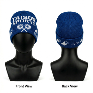 Bonnet de cheerleading pour femmes en tissu acrylique premium, jaune fluo, style à revers, avec logo brodé, option tricot jacquard personnalisé - Product Image 2