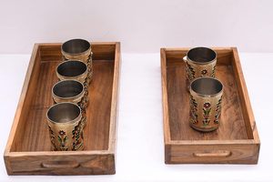 wooden tray rectangular <b>serving</b> tray brown rustic kitchen organizer storage tray dining table <b>serving</b> platter <b>set</b> of 2 - Product Image 2