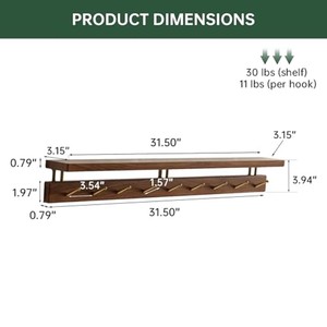 Étagère murale en bois de manguier avec crochets en laiton - Étagère de rangement décorative en noyer - Vente en gros - Product Image 3