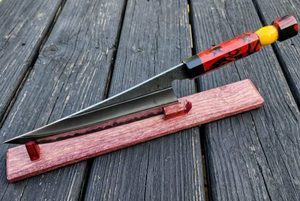 Couteau de chef japonais forgé à la main LEGACY BLADES, lame en acier carbone, manche en bois, finition haute brillance, ambidextre, motif Damas - Product Image 4