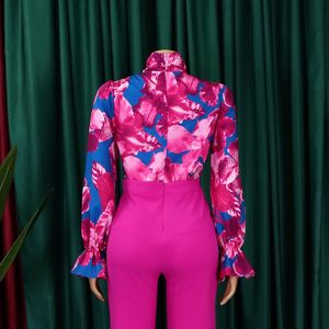 Women Floral Print Satin Blouse With Mandarin Collar Balloon Sleeve Wrap Tie <b>Top</b> Spring Summer Party Wear Plus Size Dress Custom - Product Image 4