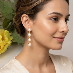 Boucles d'oreilles pendantes plaquées or avec 4 perles et boule classique, bijoux en moissanite, ensemble de boucles d'oreilles de mariage tendance pour femmes, qualité supérieure, style moderne - Product Image 1