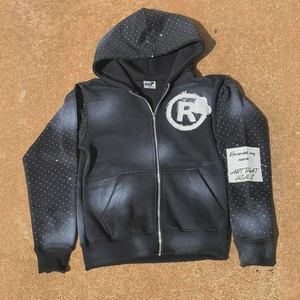 Sweat à capuche en coton pour homme, OEM, style décontracté de luxe, avec strass, effet délavé à l'acide, vintage, imprimé hiver, personnalisé, effet vieilli, brodé, écologique - Product Image 1
