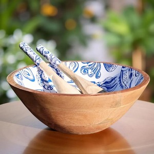 Handmade Eco-Friendly Wooden <b>Bowl</b> with <b>Blue</b> Seafood Pattern and Two Wooden Spoons for Party Food Serving Modern Design - Product Image 5