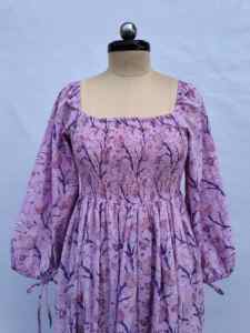 Women Fashion Lavender Flower Print <b>Dress</b> Cotton Fabric Smocked Body Puff Sleeve Square Neck Daily Wear - Product Image 1