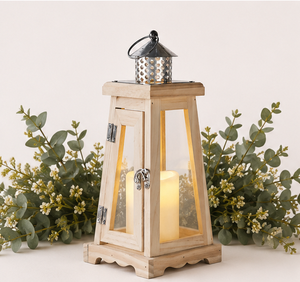 Farol de Vela Rústico Vintage de Madera y Vidrio con Tapa Decorativa de Acero Inoxidable, Farol Colgante Moderno Estilo Granja para Interiores del Hogar - Product Image 2