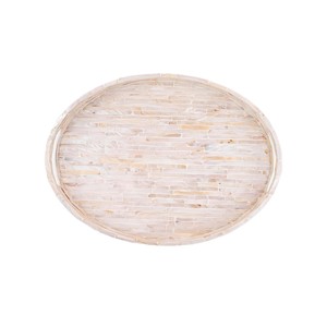 Bandeja artesanal de nácar con incrustaciones de concha natural blanca a rayas, bandeja ovalada para servir con asas elegantes para eventos de alta gama. - Product Image 3