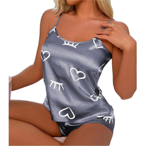 Women's Silk Satin 2-Piece Heart Print Sleepwear Set Sleeveless <b>Spaghetti</b> Strap Shorts Pajamas Summer Sexy Smooth Fit - Product Image 2