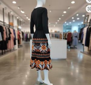 Falda Tradicional Micronesiana Personalizada al por Mayor, Falda Midi Elegante Negra con Bordado Floral para Mujer, Cintura Alta - Product Image 2