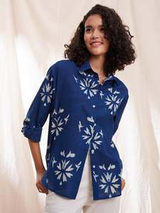 Navy Blue Floral Print Long <b>Sleeve</b> With Turn-down Collar Loose Fit Casual Daily Wear Spring Woven Linen Cotton Top - Product Image 2