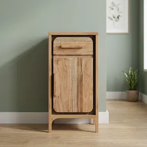 Minimalist Wooden Bathroom <b>Cabinet</b> with 1 Drawer and 1 Door Storage Unit Natural Wood Finish Freestanding Design - Product Image 4