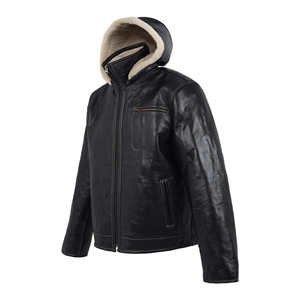 Chaqueta de Cuero Negra para Hombre con Cuello de Piel Crema, Abrigo de Invierno de Piel de Oveja Genuina, Forro Polar Cálido, Estilo Biker - Product Image 4