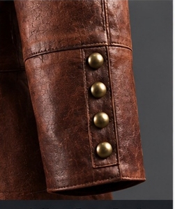 Men's <b>Brown</b> <b>Leather</b> <b>Jacket</b> Stand Collar Button Closure Vintage Style - Product Image 5
