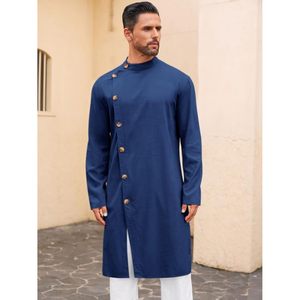 2025 <b>Men's</b> Cotton Muslim Kaftan Thobe Button-Down Long Sleeve Robe Kurta <b>Tops</b> Casual <b>Henley</b> Shirt Design Sleepwear - Product Image 3