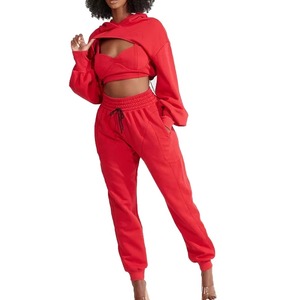 Women Red Hooded Tracksuit Set Full Sleeve <b>Crop</b> Top With Drawstring Joggers Casual Loose Fit Solid Color Winter wear - Product Image 1
