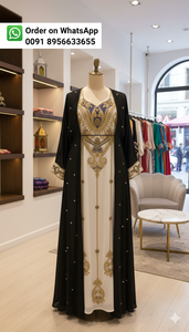 Kaftan Royal Blanc Or Brodé Élégant avec Superposition en Georgette Noire, Perles Dorées Scintillantes en Cristal, Antistatique, Extensible dans les Quatre Sens - Product Image 6