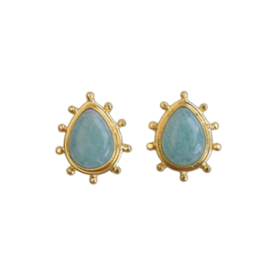 Boucles d'oreilles pendantes vintage plaquées or faites à la main en amazonite, serties en forme de goutte, en alliage de laiton, Laxmi Jewellers - Product Image 1
