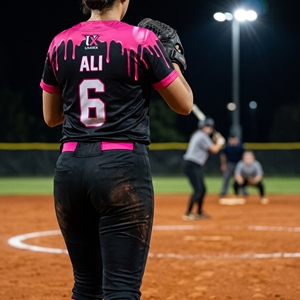Maillot de softball personnalisé noir et rose pour femmes, à deux boutons, avec motif goutte de peinture, entièrement sublimé, nom, numéro, uniforme d'équipe pour filles - Product Image 6