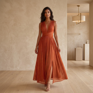 Robe longue unie sans manches à col en V profond, style bohème, en rayonne respirante, coupe ample, taille naturelle, pour l'été, les fêtes, les occasions décontractées et les <span class=keywords><strong>vacances</strong></span> - Product Image 3