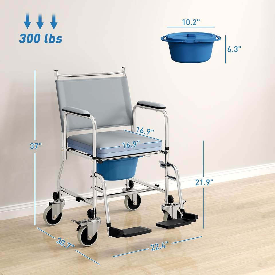 Gray 300 Lbs Capacity Rolling Shower Chair Bedside Commode Wheelchair Padded Seat Backrest for Seniors Safety Equipment