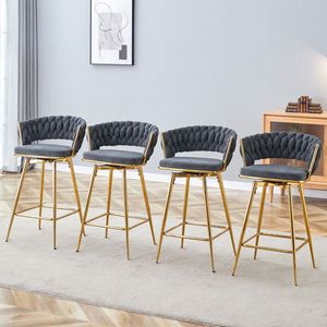Set di Quattro Sgabelli da Bar Girevoli con Seduta Morbida in Cotone e Lino Nero, Gambe in Metallo Dorato Antiruggine e Resistenti all'Usura - Product Image 2