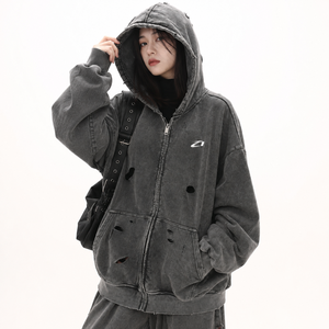 Sweat à capuche zippé gris délavé et vieilli style streetwear Y2K, sweat-shirt molletonné oversize, vente en gros de sweats oversize - Product Image 1
