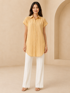 Camisa a rayas de manga corta con botones para mujer, blusas informales de verano - Product Image 1