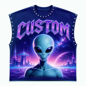 Camiseta sin mangas personalizada para hombre, cuello redondo, estampado alienígena, remaches morados en la parte delantera, estilo casual urbano, 100% algodón. - Product Image 4