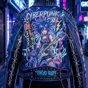 Veste en cuir véritable pour femme, style punk rock, en cuir de vache, avec imprimé graphique anime, clous et pointes, vêtement de motard, fabricant en gros - Product Image 5